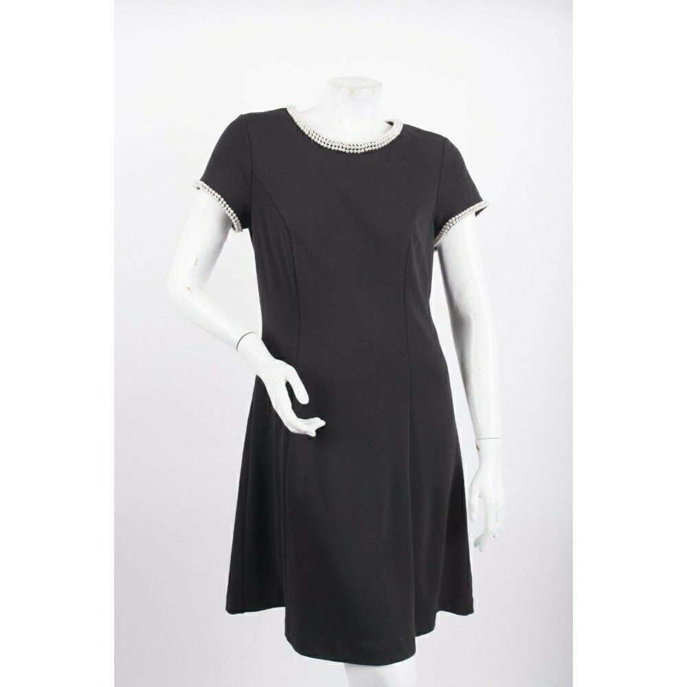 Karl Lagerfeld Paris Womans A-Line Dress Sz 8 Black Faux Pearl Trim Short sleeve
